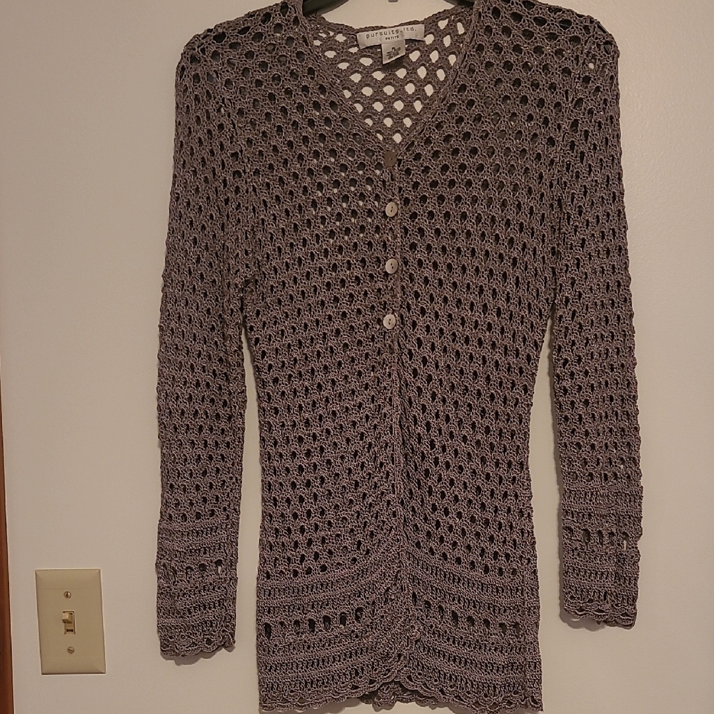 Pursuits Ltd. Gray Crocheted Long Sleeve Sweater Sz L